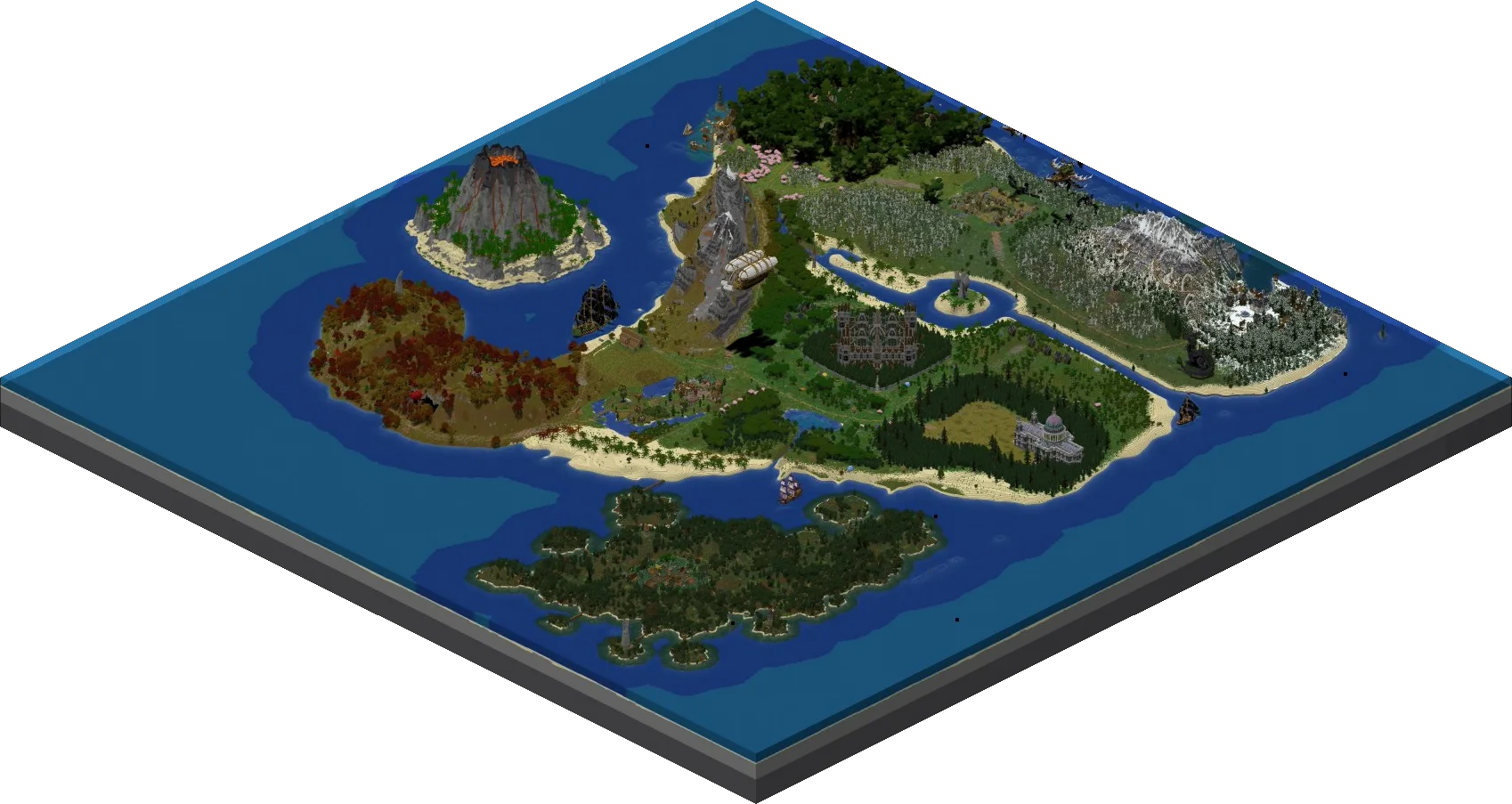 L'Isola di Aurion vista a rilievo: il castello al centro, le montagne della Cresta, i fiordi innevati a nord-est, l'isola del Vulcano a ovest e l'arcipelago della Valle della Bruma a sud